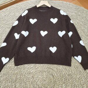 Brown White Heart Pattern Oversized Knit Sweater